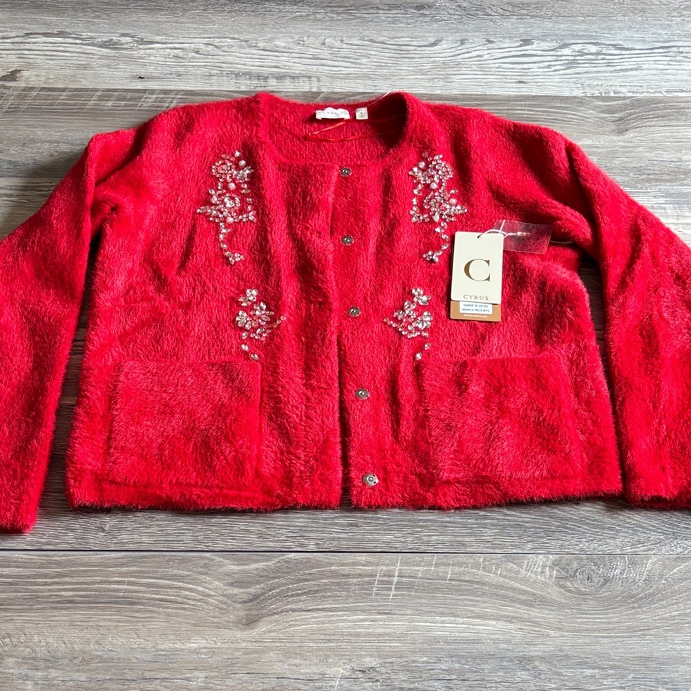 Cyrus Red Embellished Teddy Jacket Size small New with tag